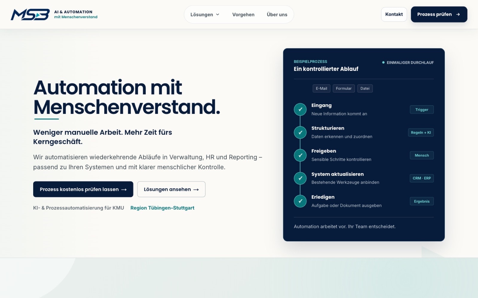 Startseite von msb-ai.de mit Headline Automation mit Menschenverstand